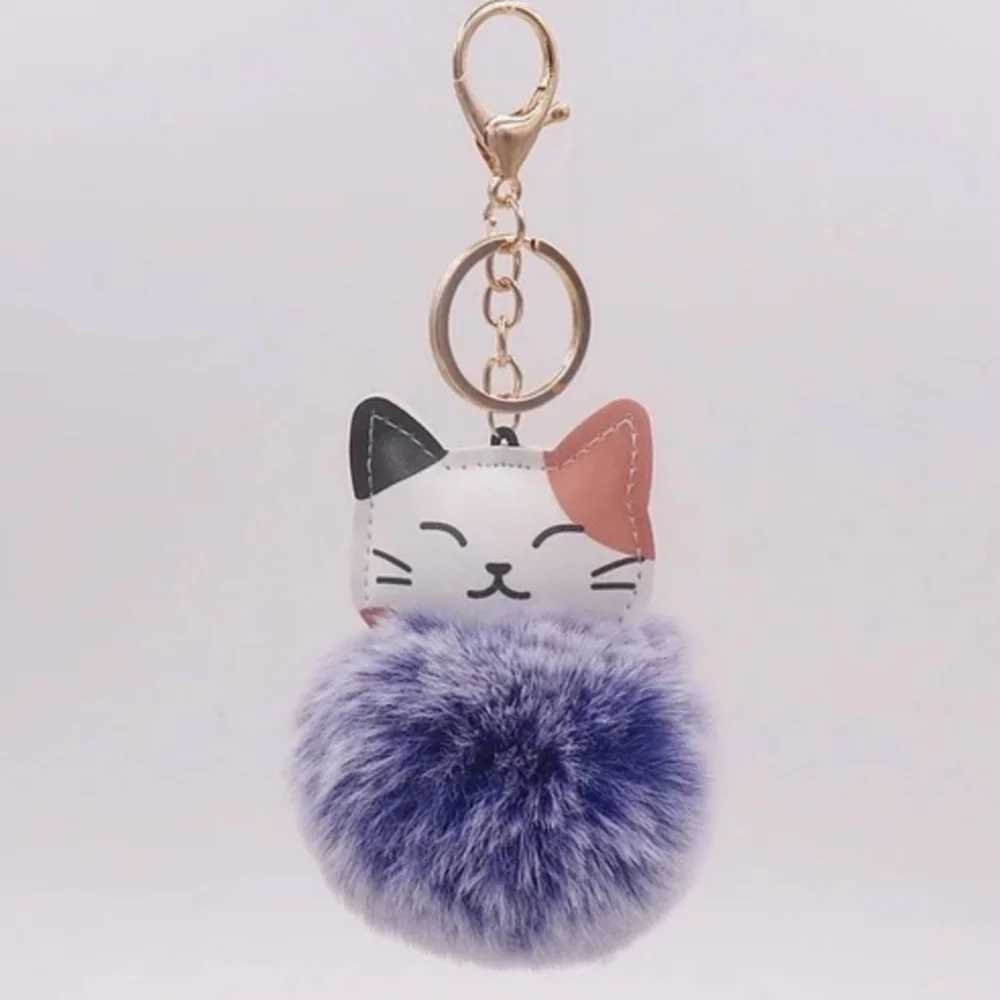 Cat Keychain/Purse Charm with Pom Pom - Gray, Purple, and Brown - Picture 3 of 4
